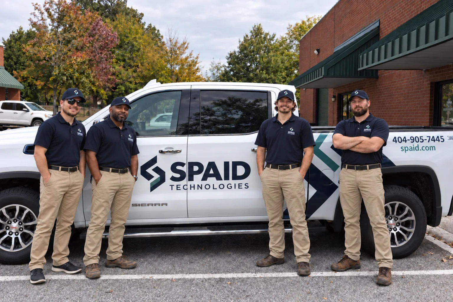 Four people in Spaid polos beside a Spaid Technologies truck