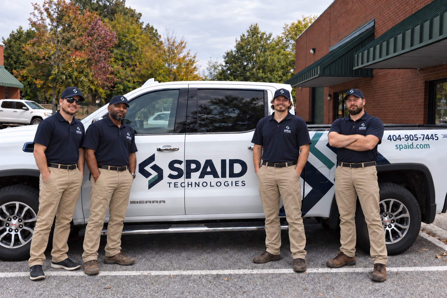 Four people in Spaid polos beside a Spaid Technologies truck